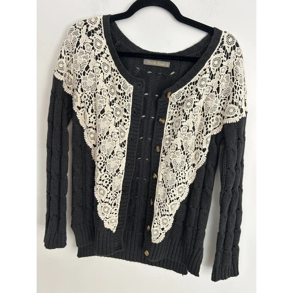 Finn & Clover Grey Cable Knit Cardigan Cream Crochet Lace Overlay Small SW1171